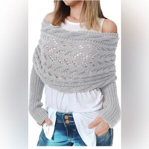 NWT Cable Knit Scarf with Sleeves – Grey Boho Wrap Bolero Shrug
